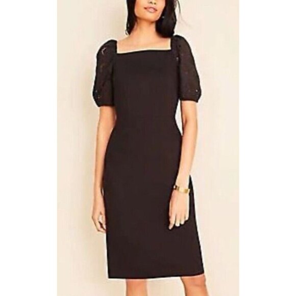 Ann Taylor Dress 14 Black Eyelet Short Sleeve Ponte Career Church NWT Washable - Picture 6 of 12
